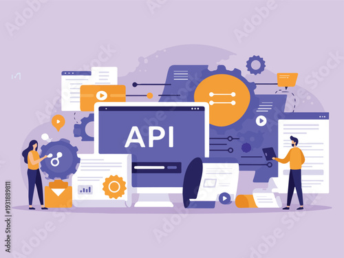 Illustration showing developers working with API integration on digital devices