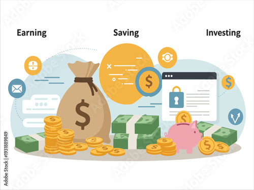 Illustration showing earning saving and investing money management concepts visually