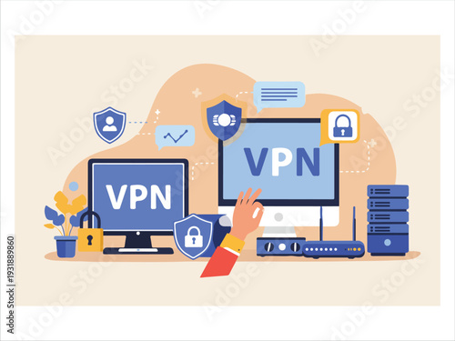 Illustration showing virtual private network security with computer and server icons