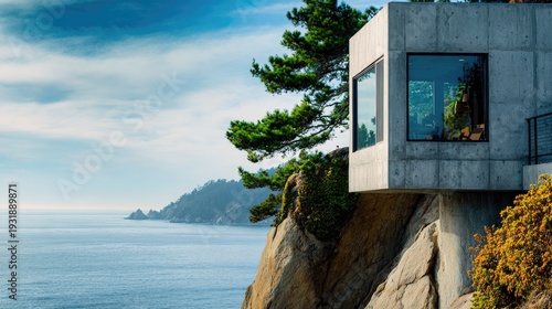 Modern cliffside architecture overlooking the ocean with clear blue sky