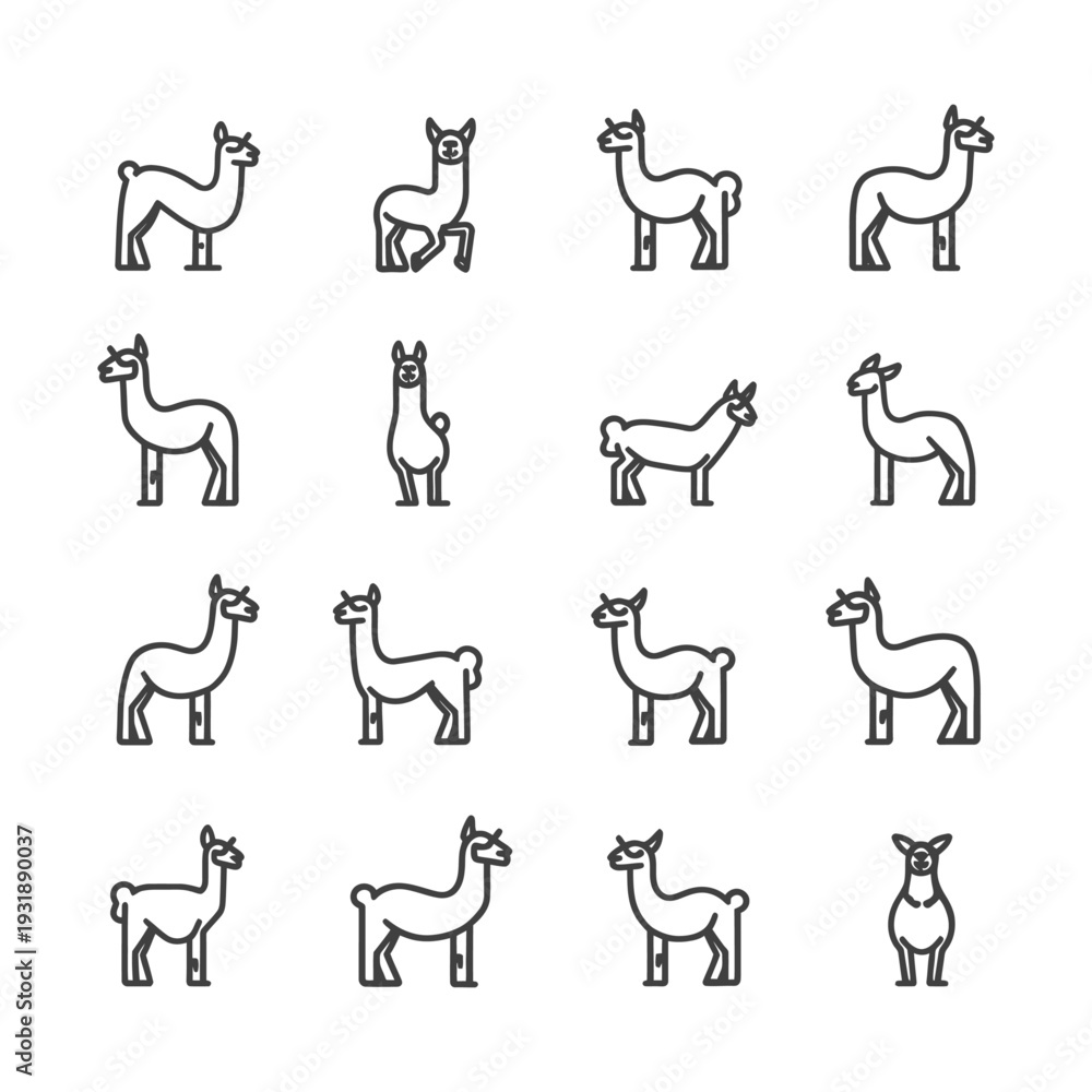 Obraz premium Collection of Llama Line Icons in Various Poses