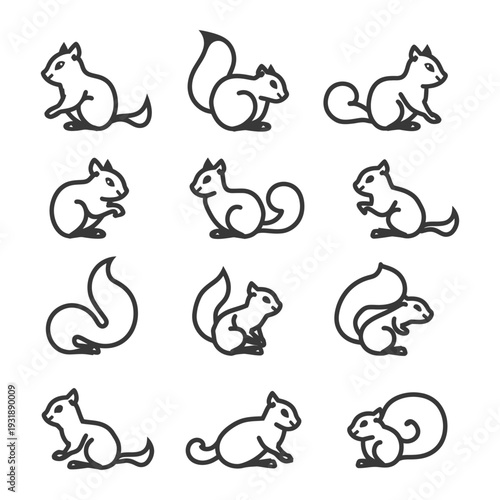 Collection of Line Drawings of Sitting Squirrels
