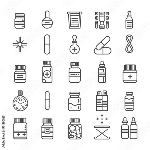 Collection of Line Icons Depicting Various Pharmaceutical Products and Medical Supplies