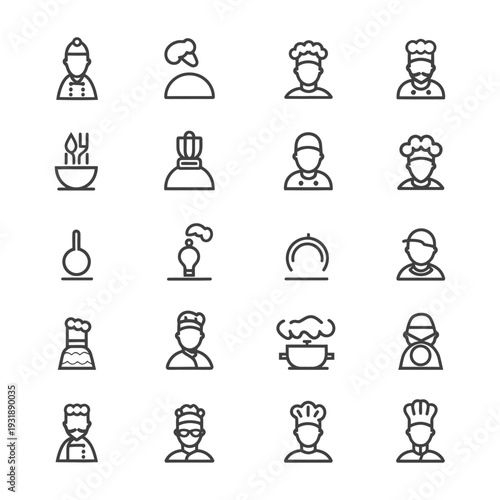 Collection of Line Icons Featuring Chefs and Cooking Utensils