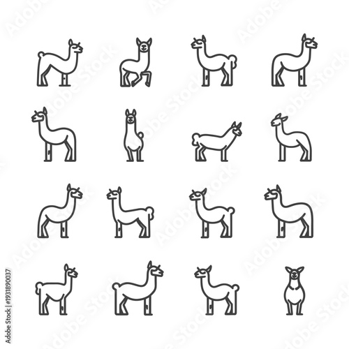 Collection of Llama Line Icons in Various Poses