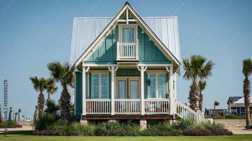 Fototapeta premium Coastal cottage with turquoise siding and white accents against clear sky