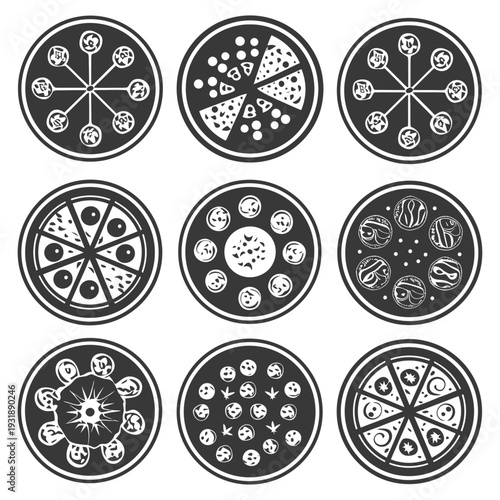 Collection of Nine Black and White Circular Pizza Designs