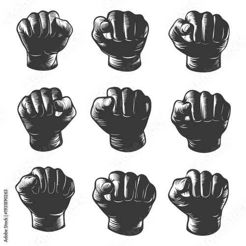 Collection of Nine Black and White Fist Illustrations
