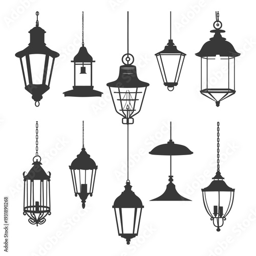 Collection of Nine Black and White Silhouettes of Hanging Lanterns