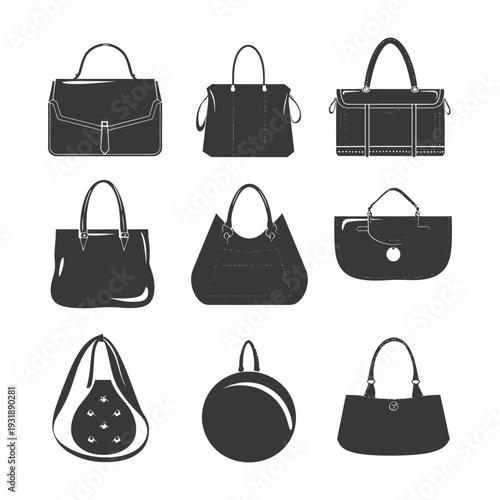 Collection of nine different handbag silhouettes in black