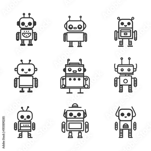Collection of Nine Cute Cartoon Robot Icons in Outline Style