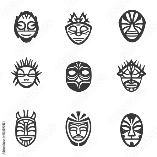Collection of Nine Tribal Masks with Geometric Patterns