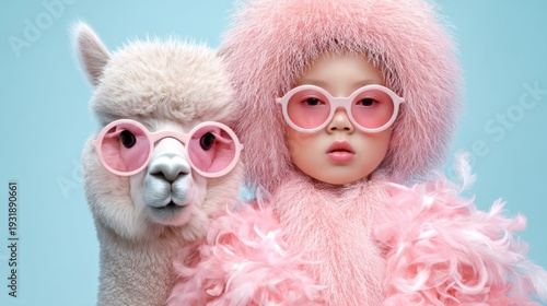 A fashionable funny greeting card 3D render. A cute toddler and a fluffy alpaca wearing oversized pink sunglasses and feather boas, posing sassily