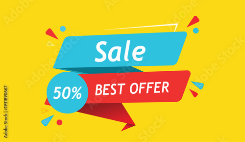 Bright colorful sale banner with 50 percent offer text on yellow background blue