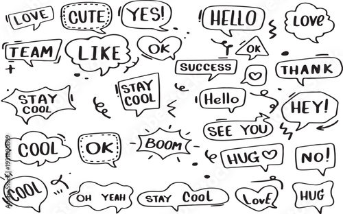 Doodle Speech Bubbles: Hello, Love, Yes, Cool, and Support Messages