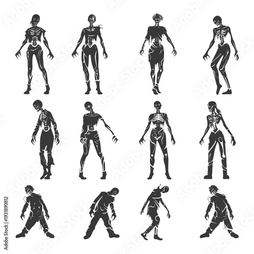 Collection of Silhouettes of Decaying Zombies in Various Poses