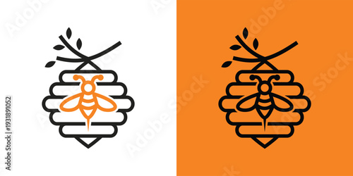 Beehive logo design with a bee and branch simple and clean.