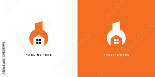 Creative house repair logo design with wrench and home.