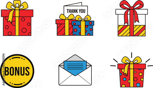 Colorful gift boxes with bows and bonus label presents ribbons