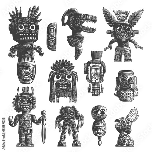Collection of Stylized Ancient Mayan or Aztec Figurines