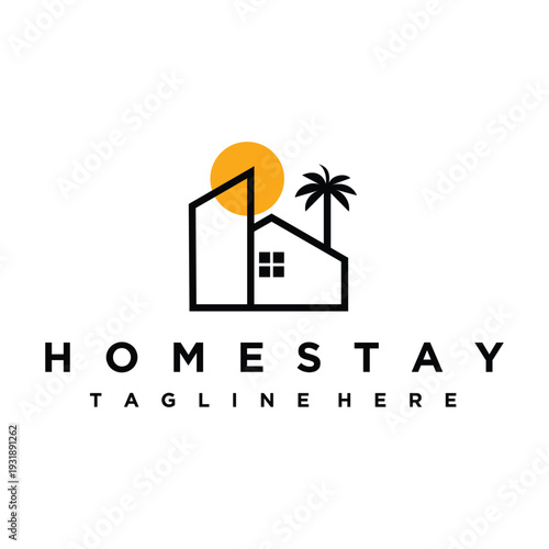 Homestay Logo Design with Sun and Palm Tree for Vacation.
