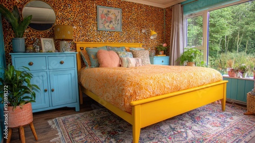 Vibrant yellow bedroom with leopard print wallpaper and blue furniture.