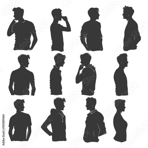 Collection of twelve male silhouettes in various poses and clothing styles