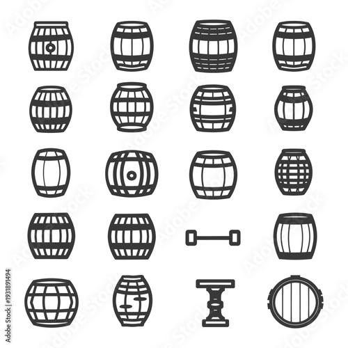 Collection of Various Barrel Icons in Black and White