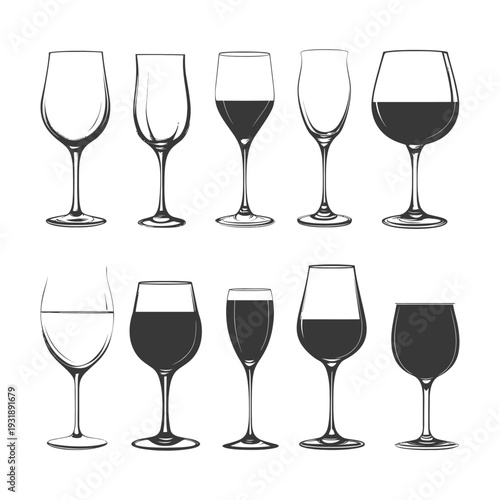 Collection of Various Wine Glasses with and Without Wine