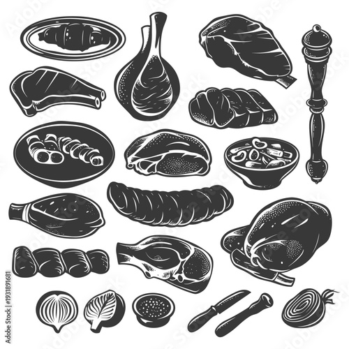 Collection of Vintage Black and White Butcher Shop Meat Cuts and Ingredients