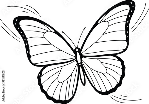 A black and white drawing of a butterfly in flight with motion lines