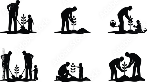 Black silhouette icons of adults and children planting, watering, and caring for young trees, symbolizing teamwork, sustainability, environmental stewardship, and nature conservation activities.