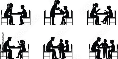 Black silhouette icons of adults teaching and tutoring children at tables, symbolizing education, learning, communication, mentorship, and classroom interaction in academic environments.