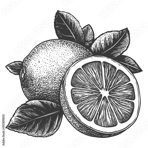 Hand-Drawn Illustration of a Sliced Lemon with Leaves