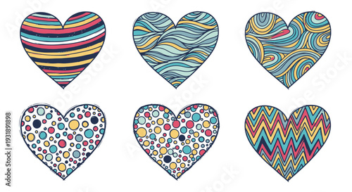 Colorful heart shapes with various patterns and designs.