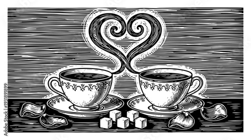 Romantic vintage woodcut of twin tea/coffee cups with heart-shaped steam