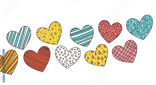Colorful Hand Drawn Hearts with Various Patterns and Designs.