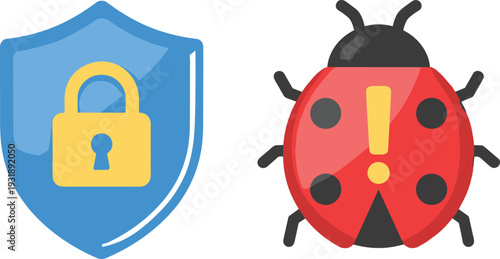 Cyber Security Vector Illustration Featuring Blue Shield with Yellow Padlock and Red Ladybug Software Bug Icon Representing Data Protection Online Safety and Malware Threats