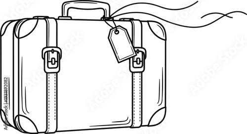 A simple line drawing of a vintage suitcase with a handle and tag
