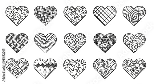Collection of black and white heart shapes with various patterns.