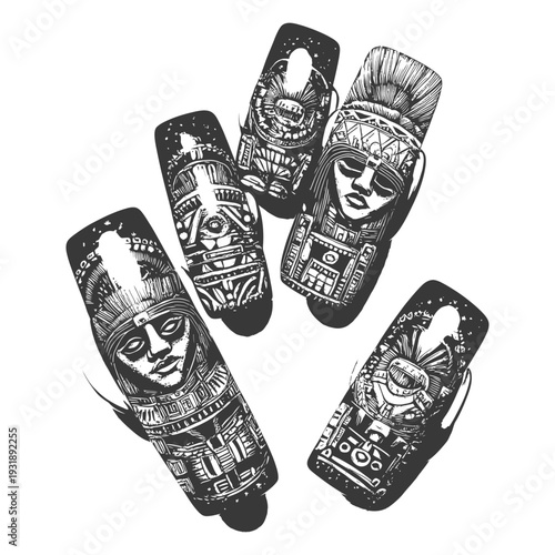 Hand-Drawn Illustration of Four Ancient Mayan Idols