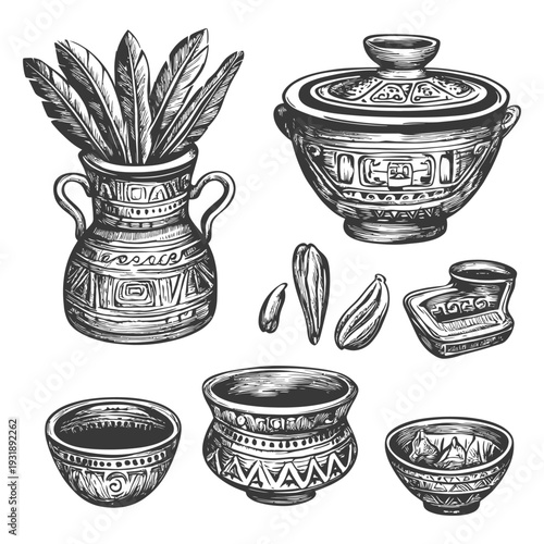 Hand Drawn Illustration of Ornate Pottery and Feathers