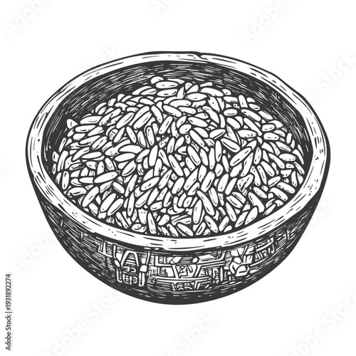 Hand-Drawn Illustration of Rice Grains in a Bowl