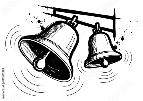 Dynamic vintage woodcut of ringing twin bells with motion lines