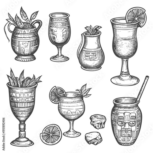 Hand-Drawn Illustration of Traditional South American Drinking Vessels