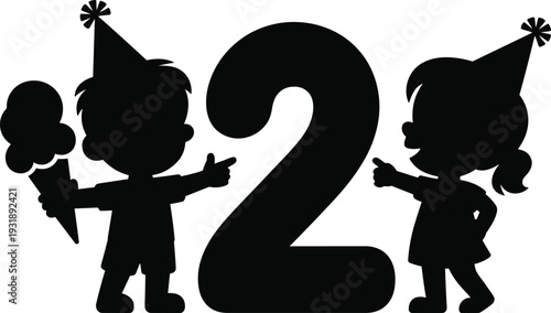 Second birthday silhouette design, cute kids with party hats and number two, celebration concept, black vector illustration isolated