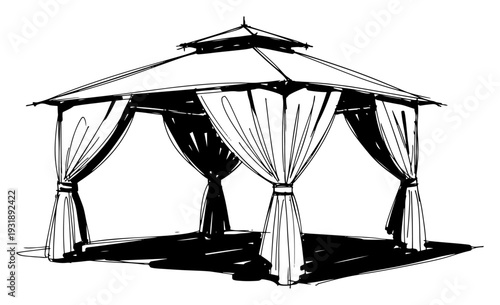 Elegant woodcut garden gazebo with flowing drapery and peaked canopy