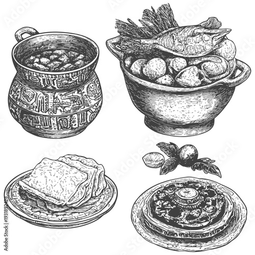 Hand-Drawn Illustration of Traditional Mayan Food