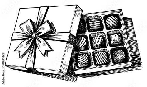 Retro woodcut of open chocolate gift box tied with decorative ribbon