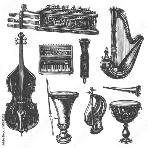 Hand Drawn Illustration of Various Musical Instruments